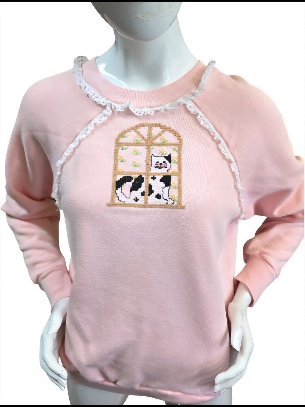 Vintage Pink Embroidered Cat Window Sweatshirt with Lace Trim Sz M
